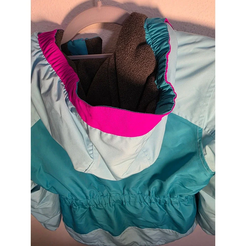 Lands End Kids Girls Teal Pink Colorblock‎ Hooded Winter Ski Jacket Size M 10-12